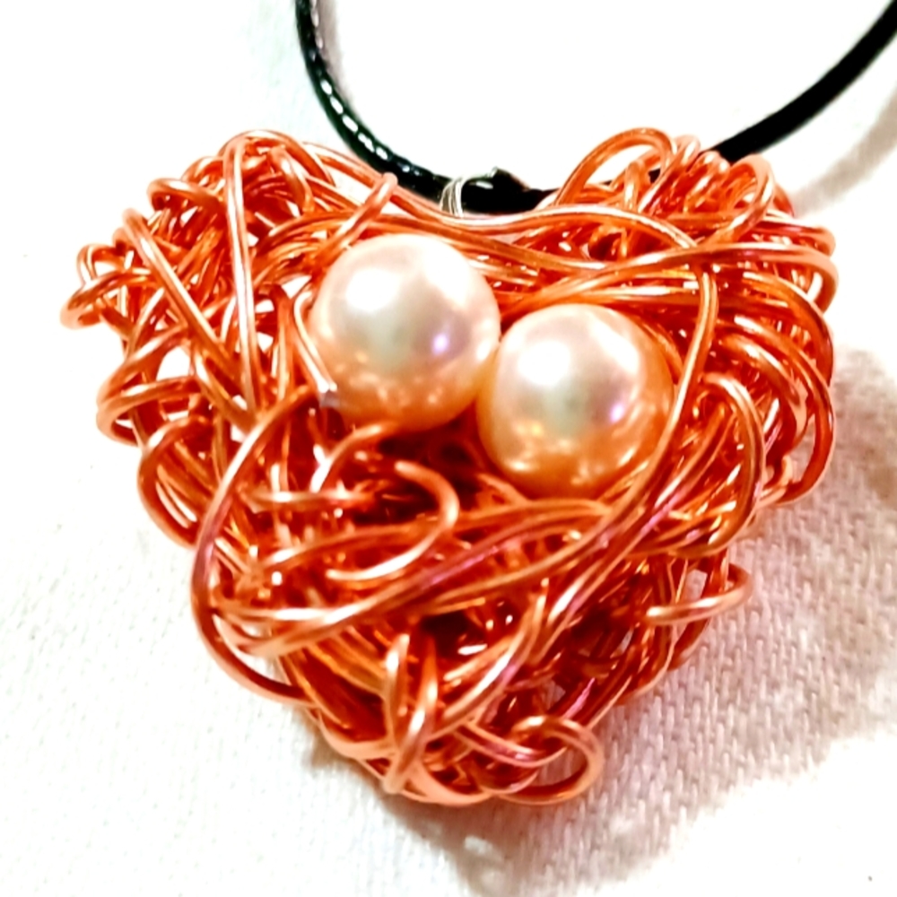 Handmade nest dragon bird copper wired heart statement pearl eggs necklace